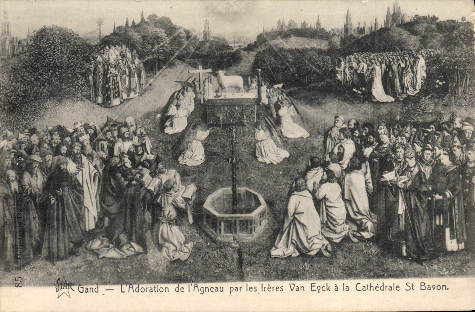 VINTAGE POSTCARD Ghent Worship of the Lamb by the brothers Van Eyck with the cathedral St Bavon