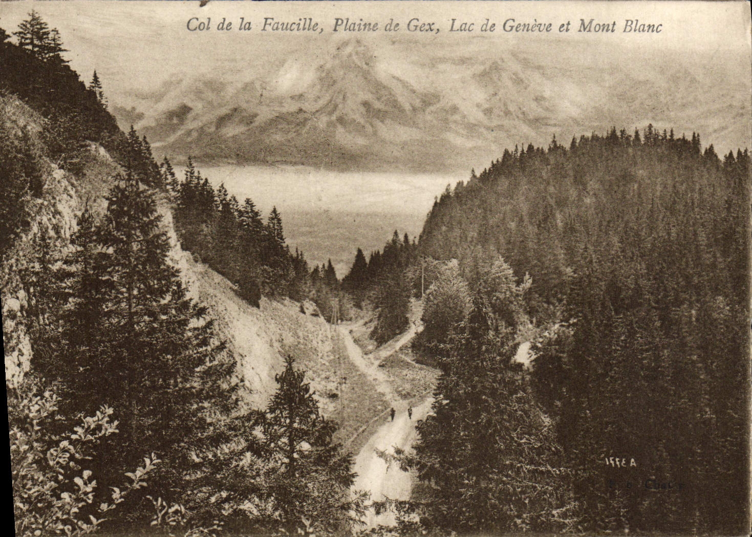 Collar de la POSTAL de la VENDIMIA de la hoz plana del lago Ginebra y Mont Blanc Gex