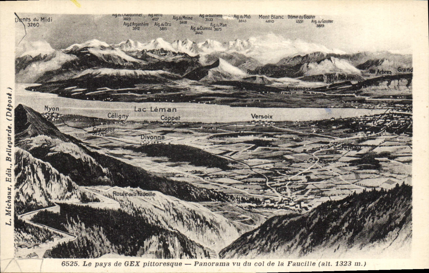 País de la POSTAL de la VENDIMIA del panorama de Gex Pittorsque visto del collar de la hoz