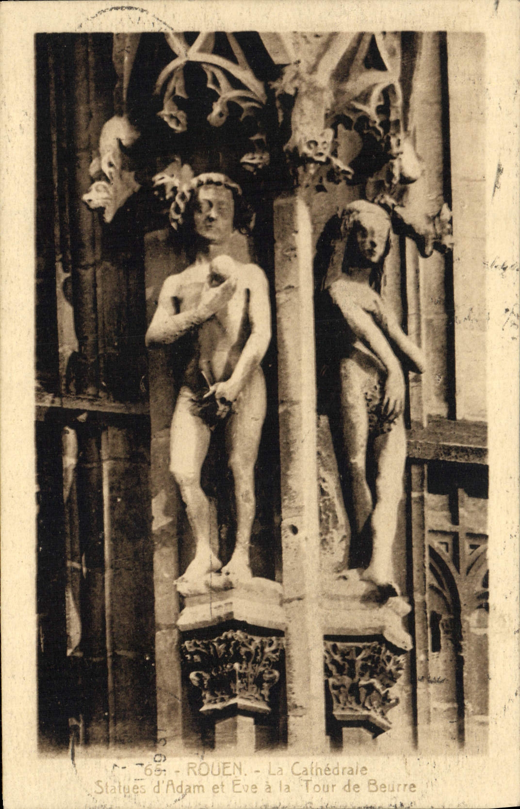 VINTAGE POSTCARD Rouen the Cathedral Statues of Adam and Eve to the Butter Tower