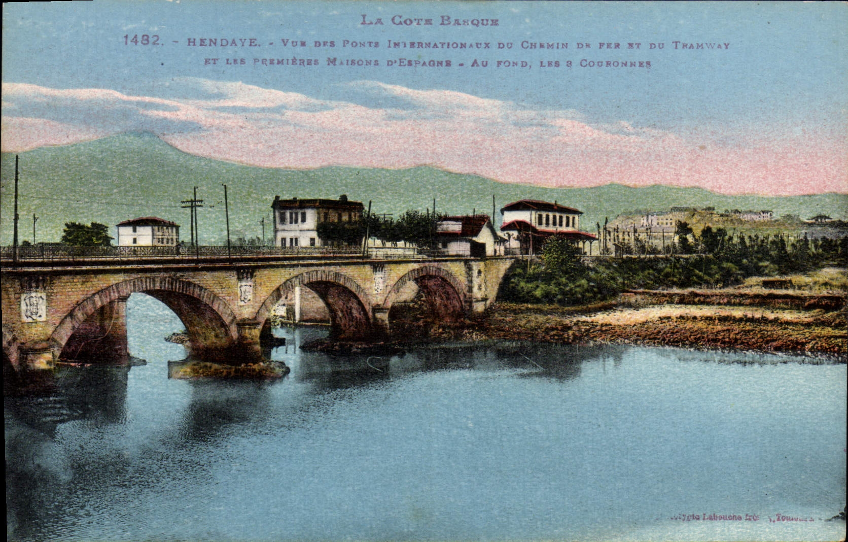 VINTAGE POSTCARD Hendaye Seen of the Bridges International of the railroad and the tram and the first houses of Spain 3 crowns