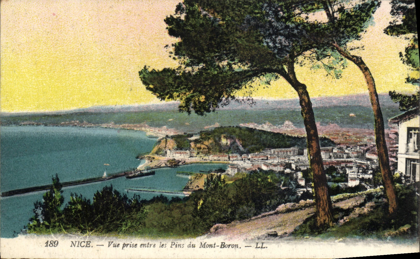 POSTAL de la VENDIMIA Niza vista entre los pinos del montaje del boro