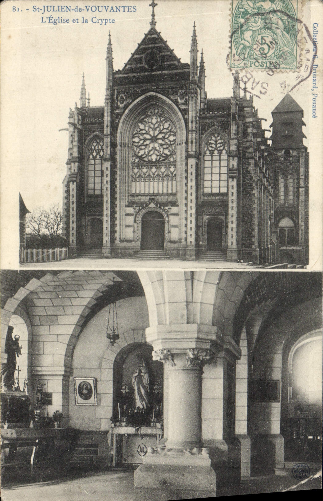 VINTAGE POSTCARD St Julien de Vouvantes the Church and the Crypt