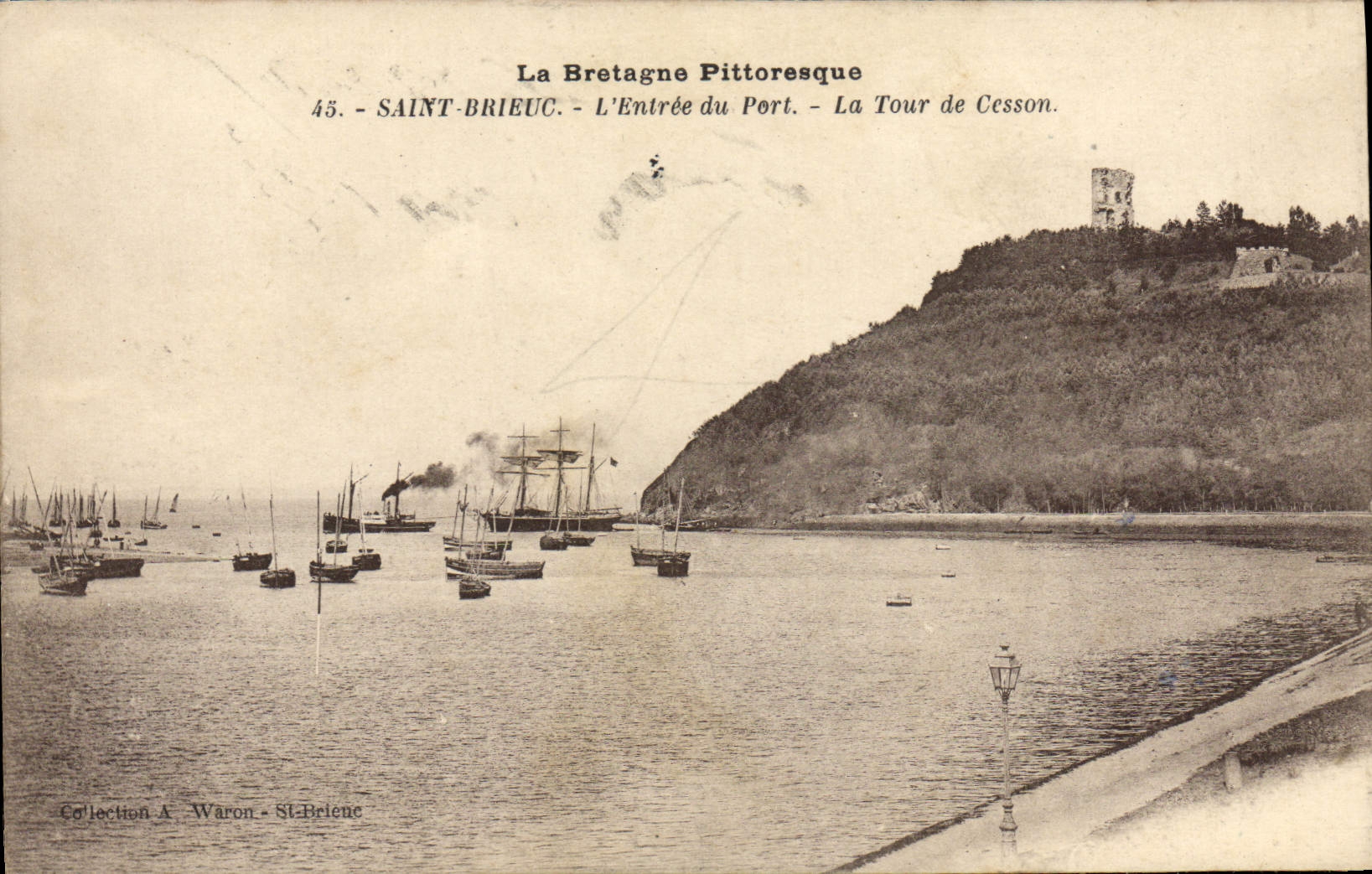 VINTAGE POSTCARD Holy Brieuc the Entry of the Port the Tower of Cesson Boats