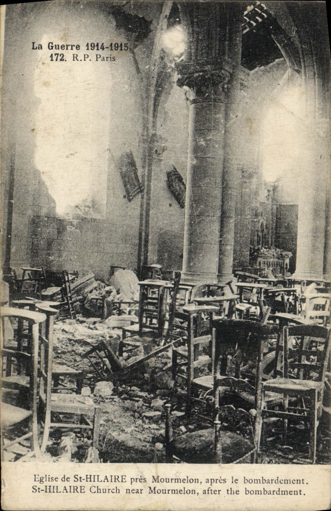 VINTAGE POSTCARD Church of St Hilaire close Mourmelon after the Militaria bombardment