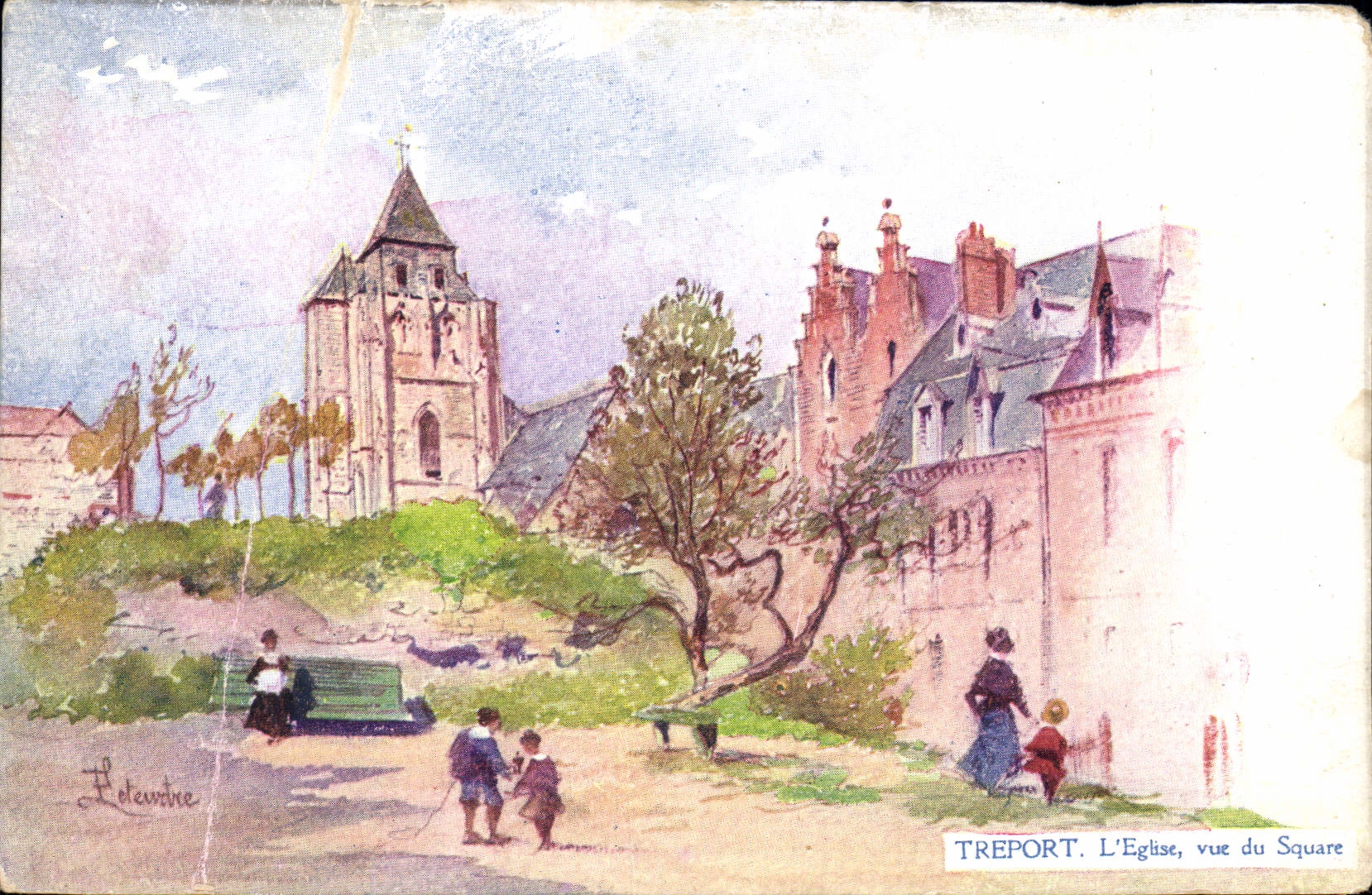 VINTAGE POSTCARD Treport the Church Seen Of the Public garden