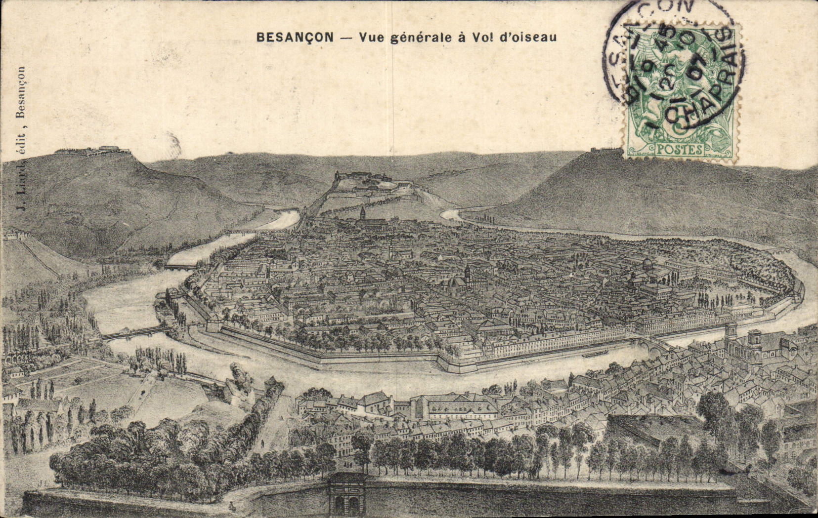 VINTAGE POSTCARD Besancon View as the crow flies