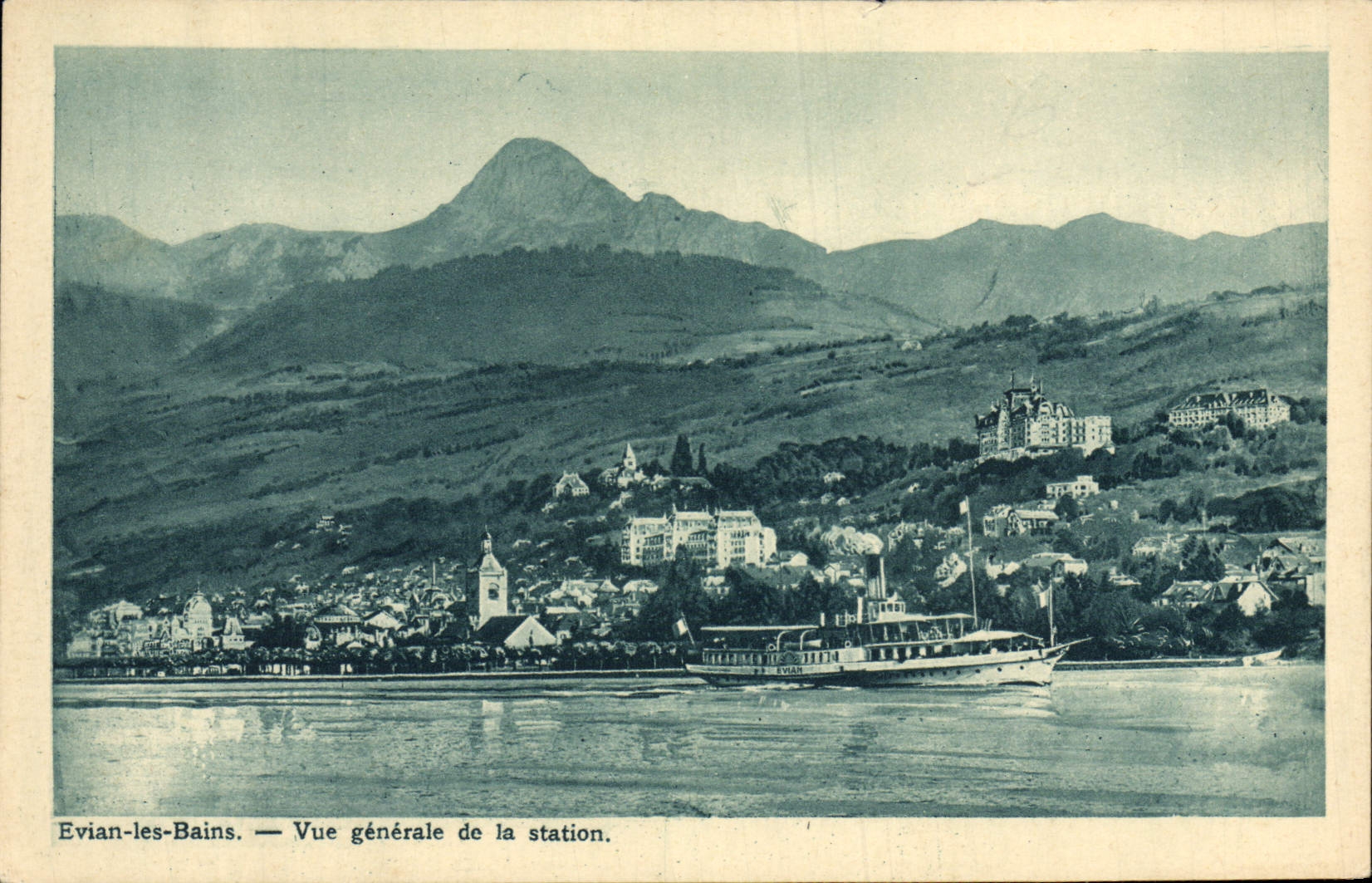 VINTAGE POSTCARD Evian les Bains View of the Station Boat