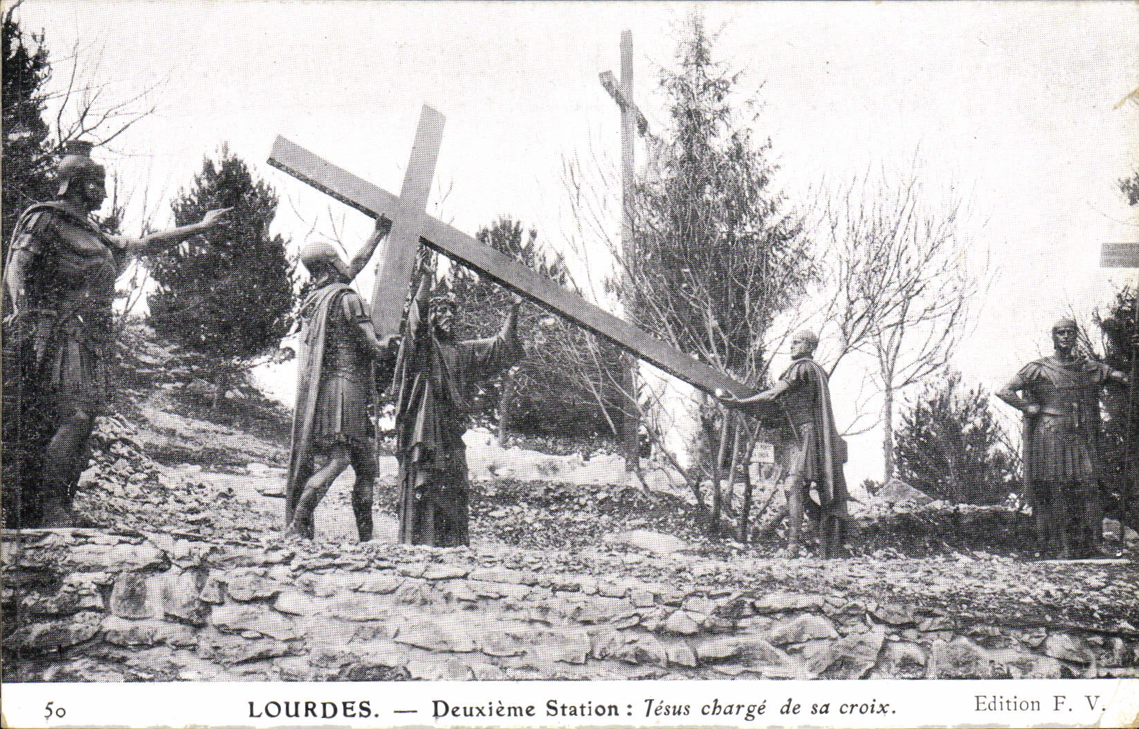 VINTAGE POSTCARD Lourdes Second Station charges with its cross