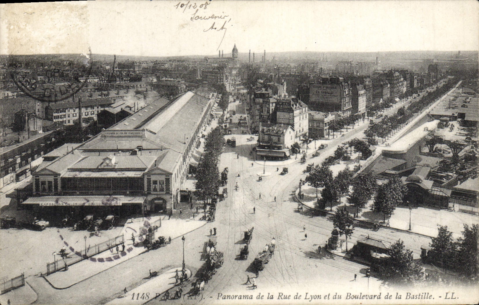 VINTAGE POSTCARD Paris Panorama of the Street of Lyon and the Boulevard of the Bastille