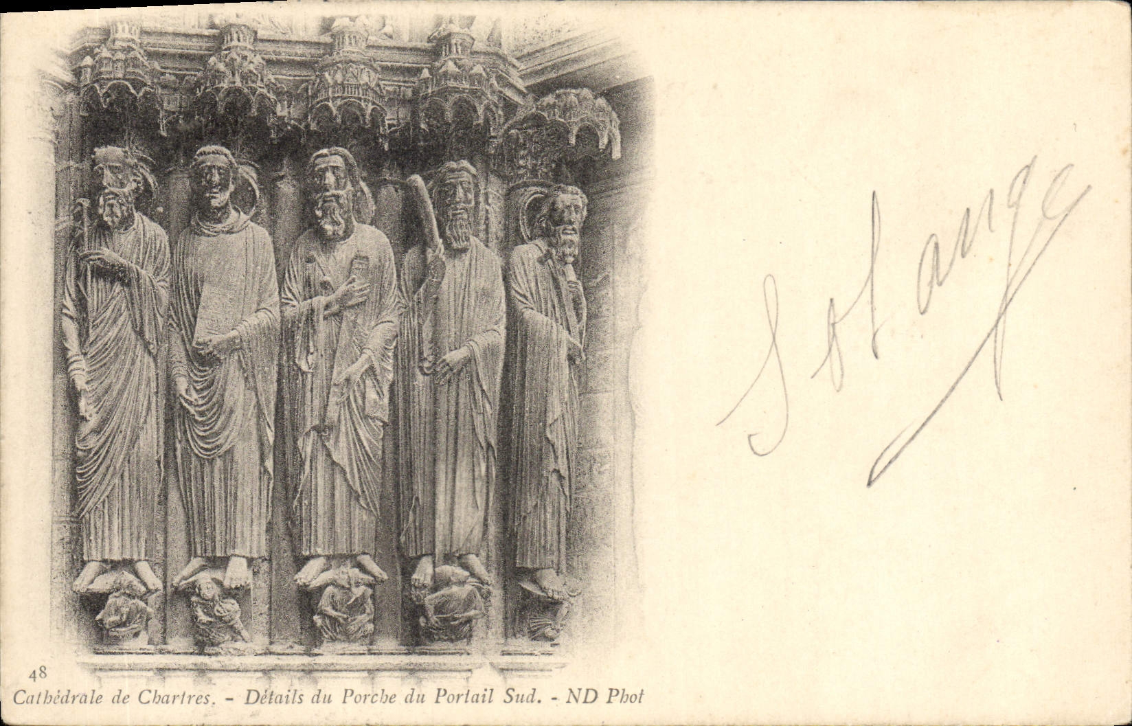 Catedral de Chartres de la POSTAL de la VENDIMIA de los detalles de Chartres del pórtico de la puerta meridional