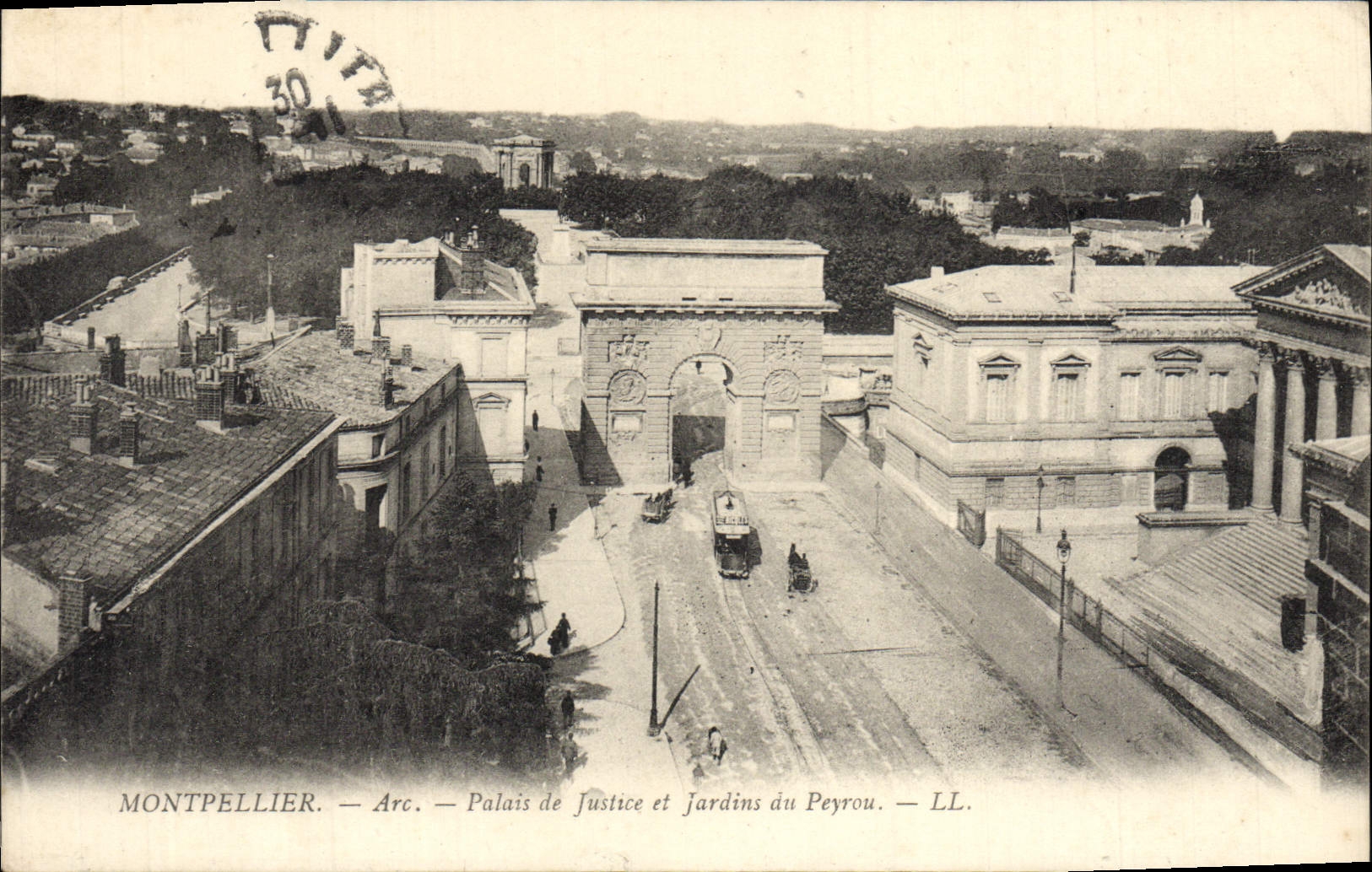 VINTAGE POSTCARD Montpellier Arc Law courts and Gardens of Peyrou Tram