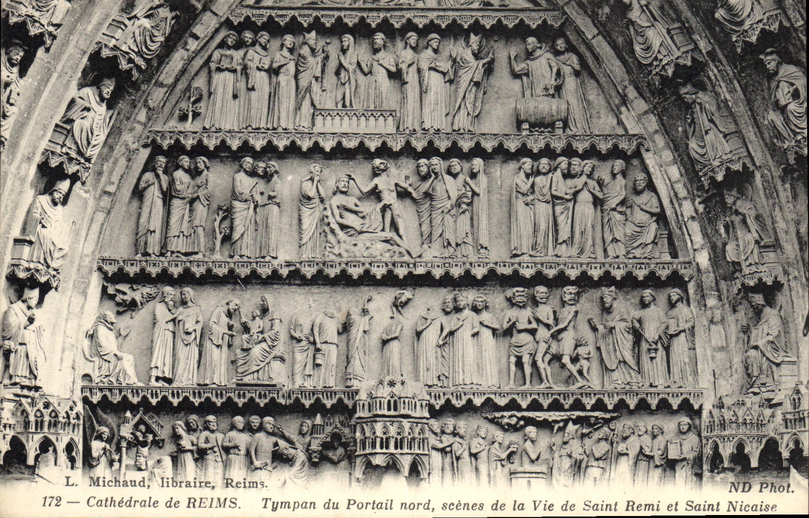 CPA Cathedrale de Reims Tympan du Portail nord scenes de la vie de Saint Remi et Saint Nicaise