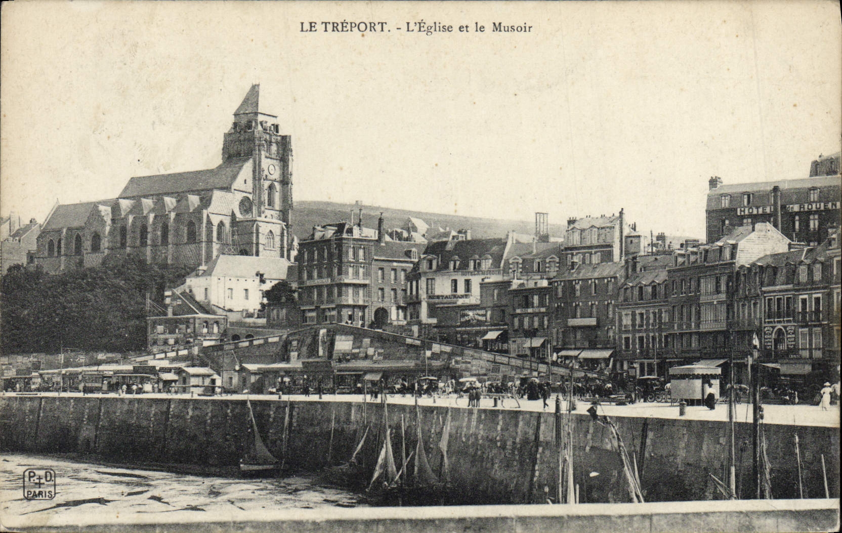 POSTAL Treport de la VENDIMIA la iglesia y los barcos de Pierhead