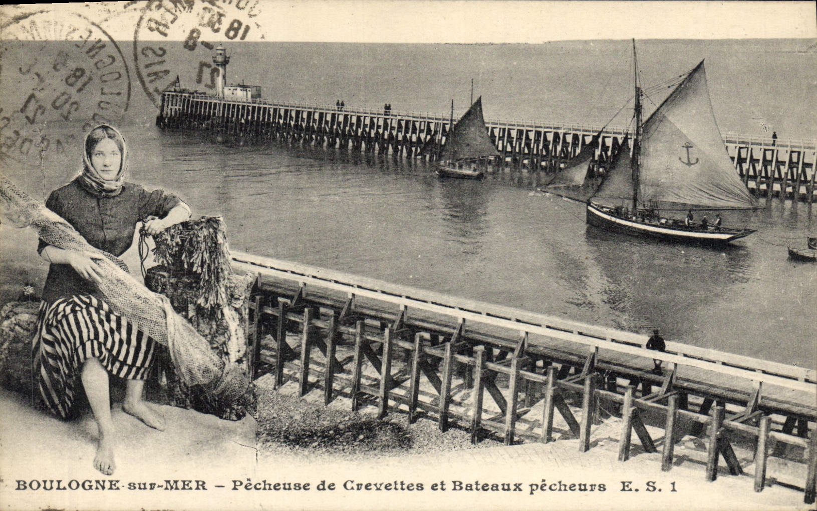 VINTAGE POSTCARD Boulogne On Sinning Shrimp Sea And Boats Sinning