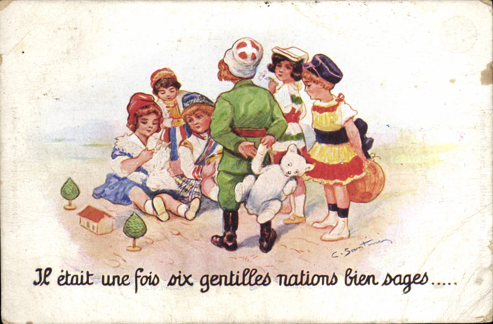 VINTAGE POSTCARD Fantaisie Children Teddy bear Cachet Centers automobile rest