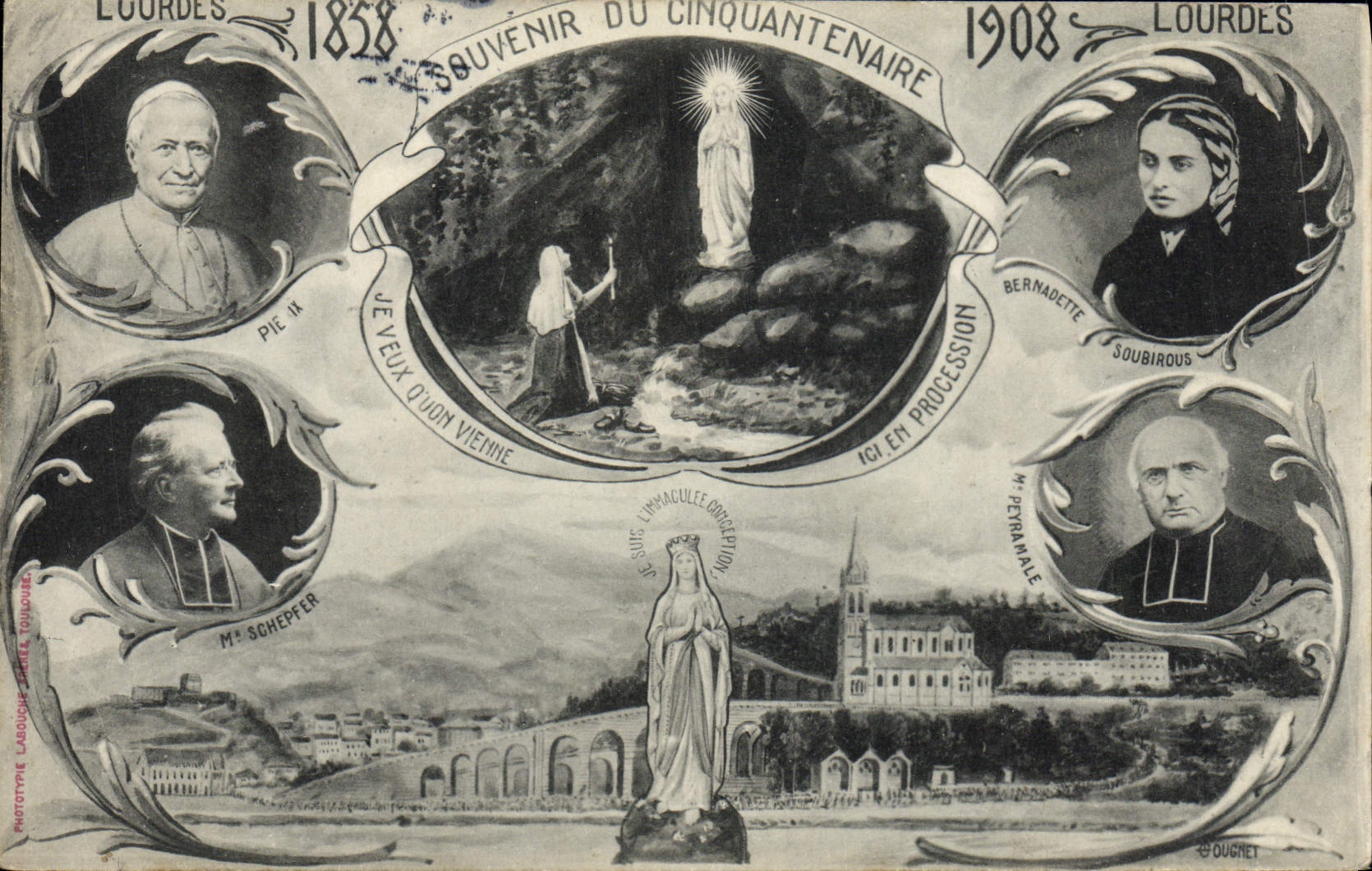 VINTAGE POSTCARD Heavy Souvenir of the fiftieth anniversary 1858 1908 Black and white Soubirous II Schepfer Peyramale