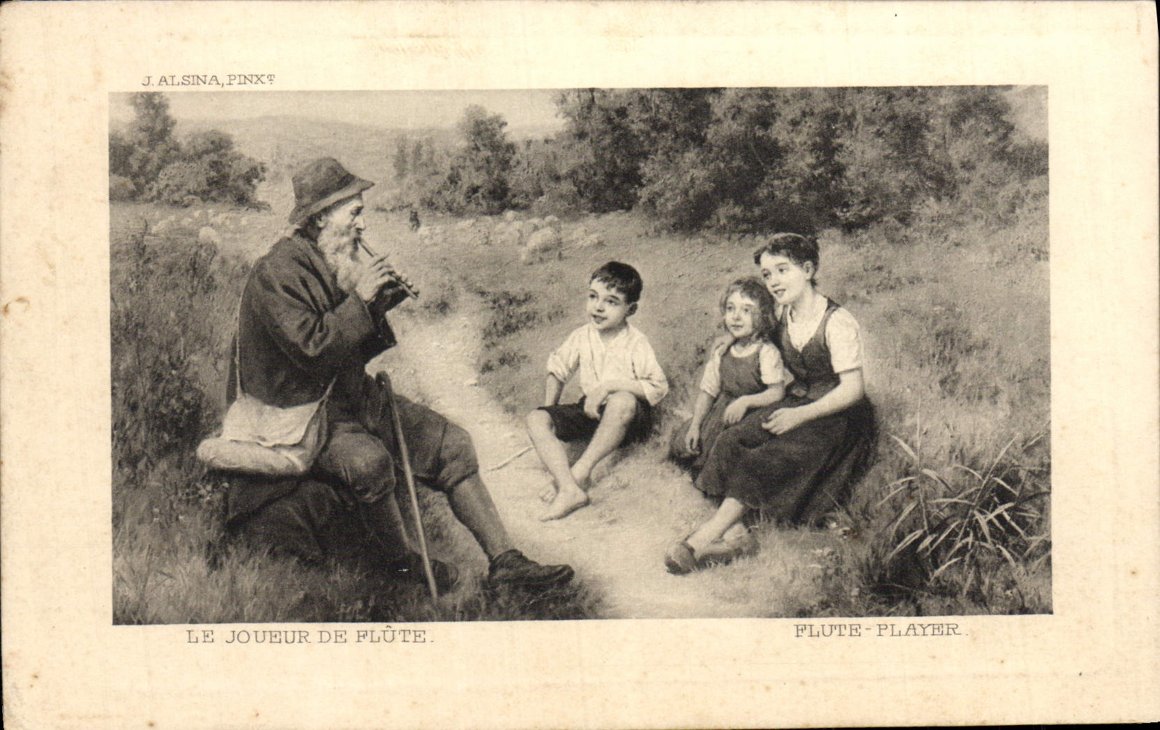 VINTAGE POSTCARD the Player of Flute Children