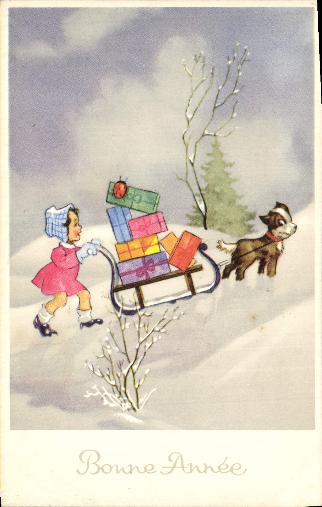 VINTAGE POSTCARD Fantasy Child Dog Happy New Year