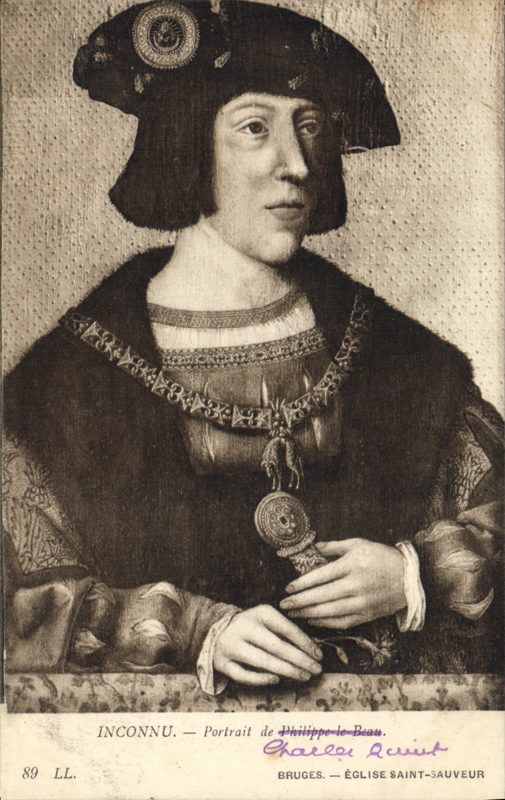 VINTAGE POSTCARD Unknown Portrait of Charles Quint Philippe the Holy Beautiful Bruges Church Saver