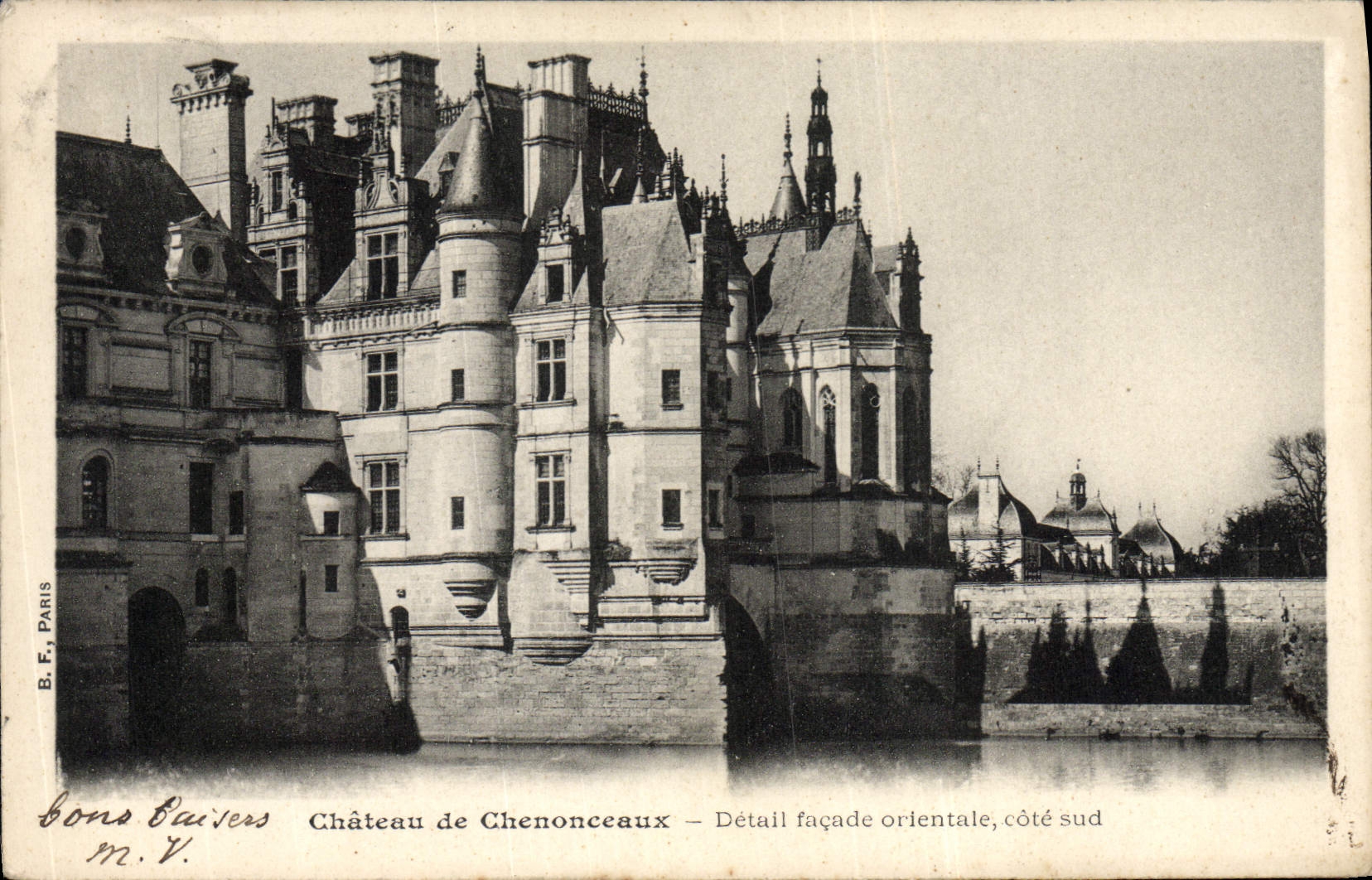 Castillo de Chenonceaux de la POSTAL de la VENDIMIA del ataque frontal del este del detalle
