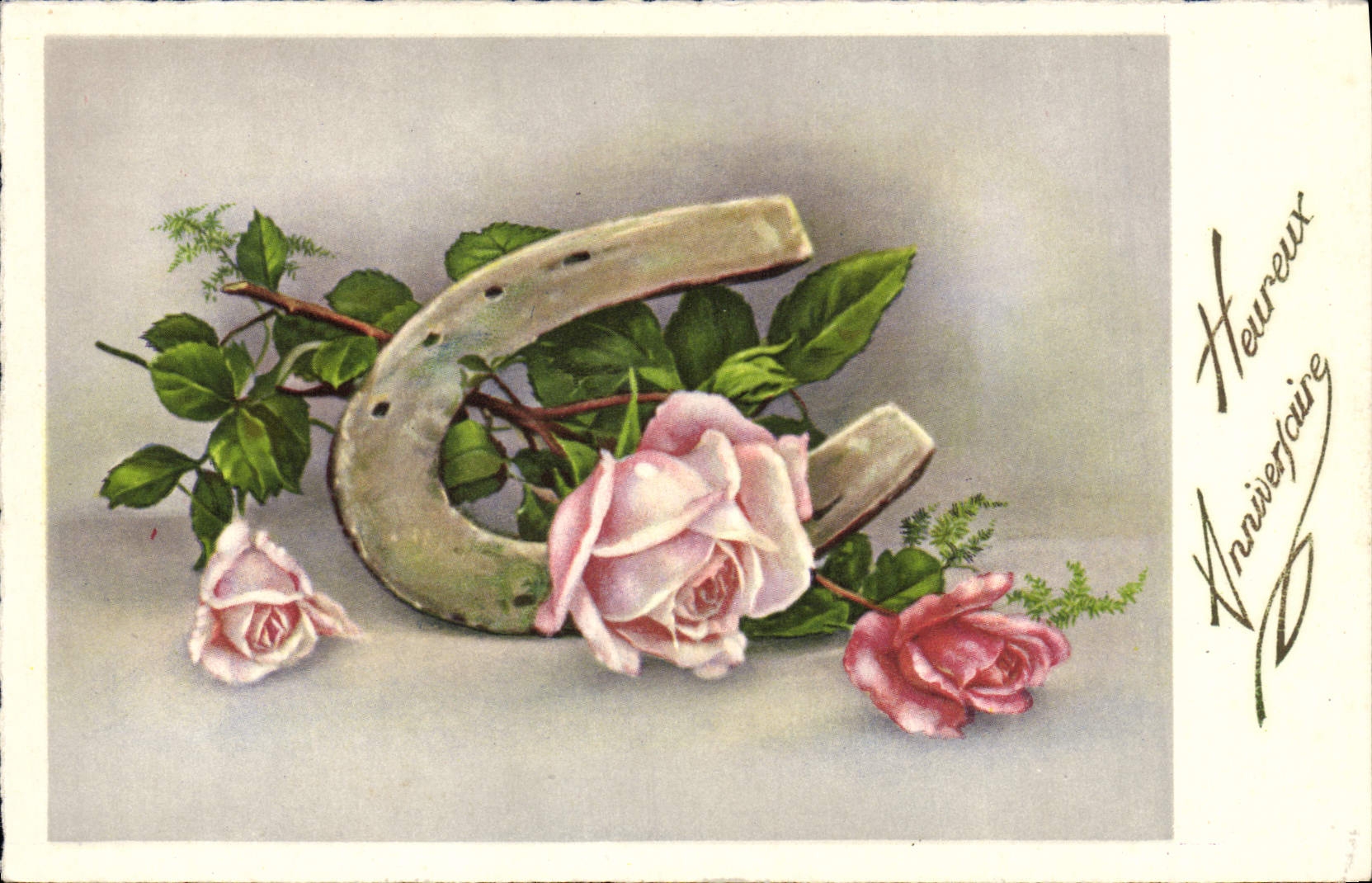 VINTAGE POSTCARD Happy Fantaisie Birthday Flowers Horseshoe