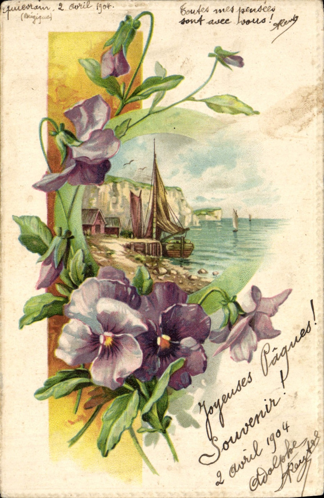 CPA Fantaisie Bonne Fete Fleurs Bateau