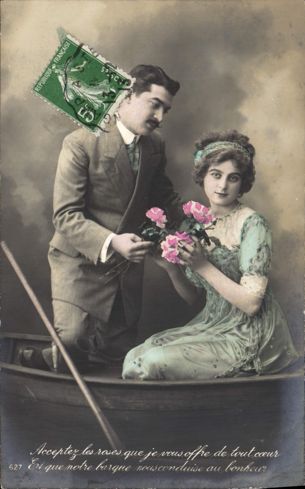 VINTAGE POSTCARD Fantasy Woman Man in the boat