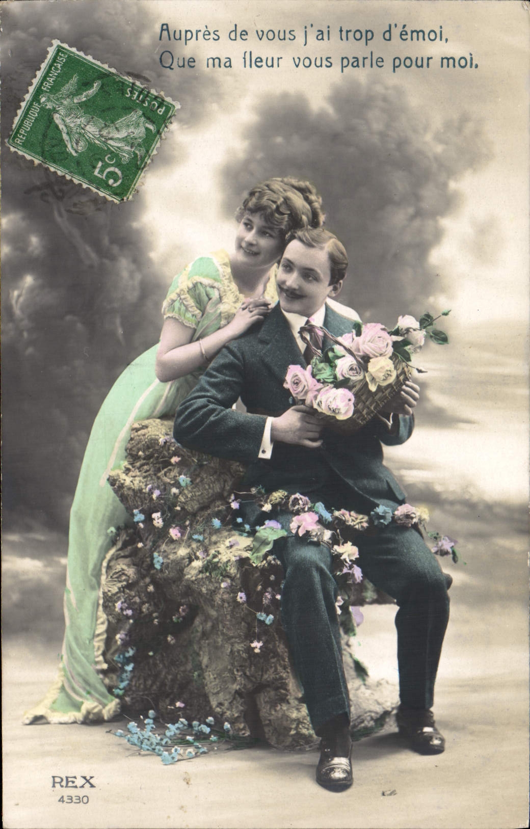 VINTAGE POSTCARD Fantasy Woman Flowers Man