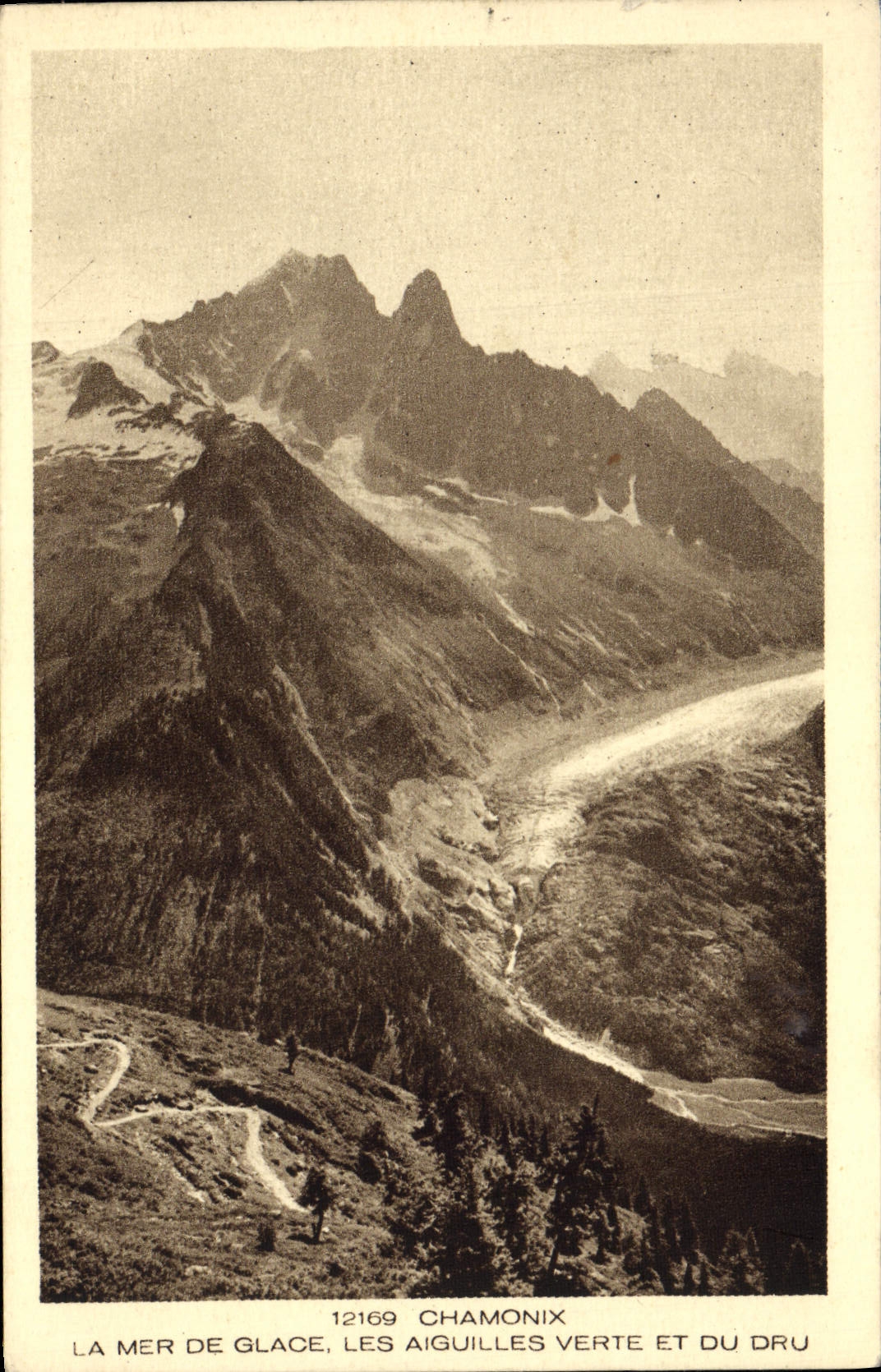 Mar de Chamonix de la POSTAL de la VENDIMIA del verde de las agujas de hielo y grueso