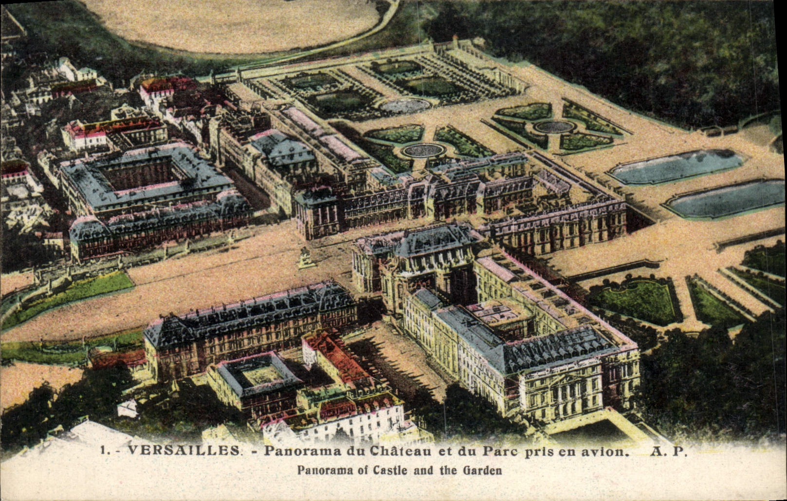 VINTAGE POSTCARD Versailles Panorama of the Castle and the Park taken in the plane