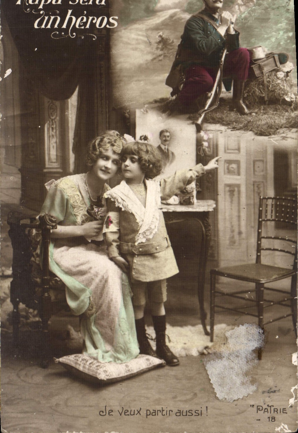 VINTAGE POSTCARD Fantaisie I Want To also leave Femme-enfant Soldier Militaria Red Cross