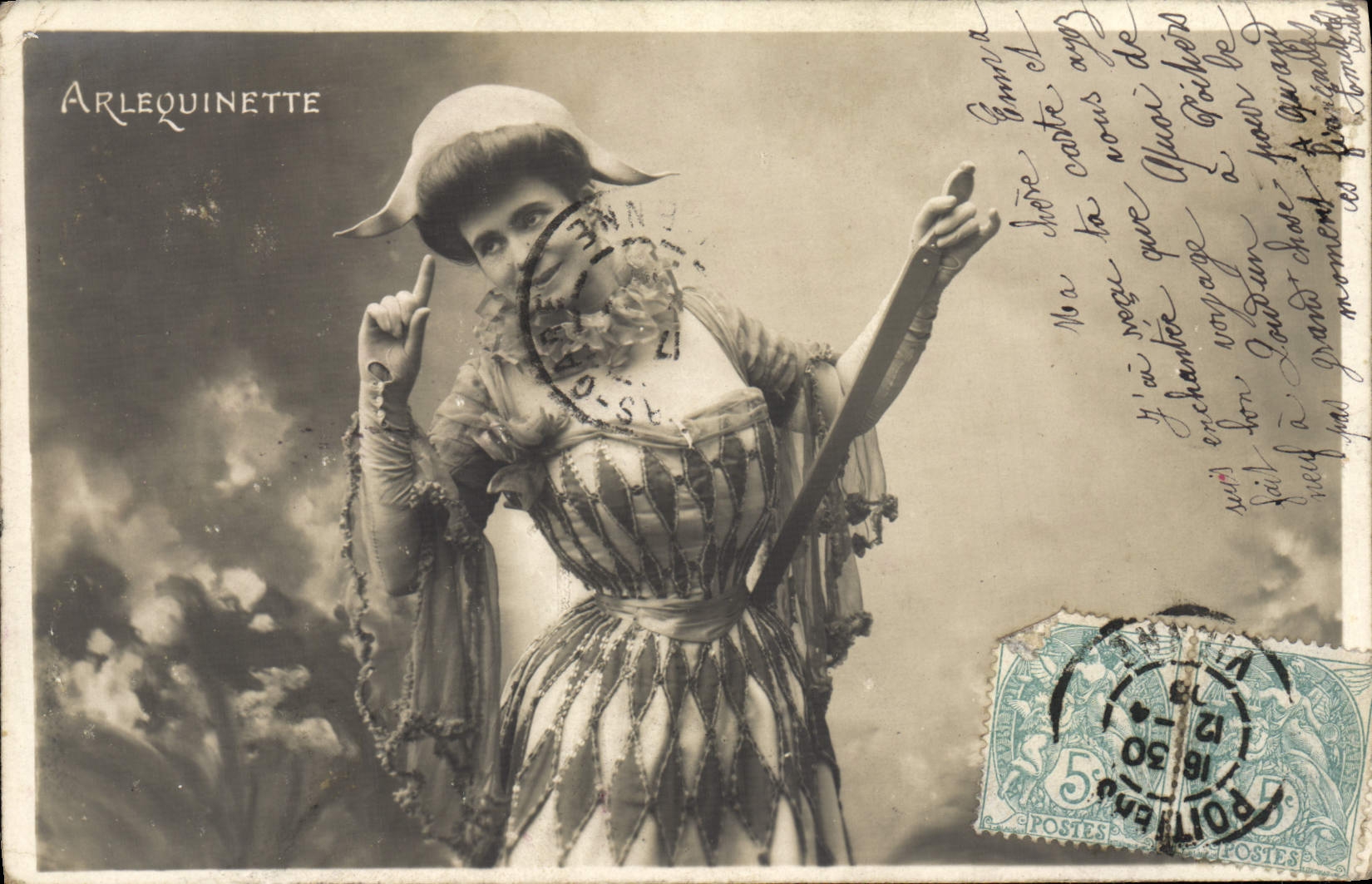 VINTAGE POSTCARD Fantasy Arlequinette Woman Harlequin