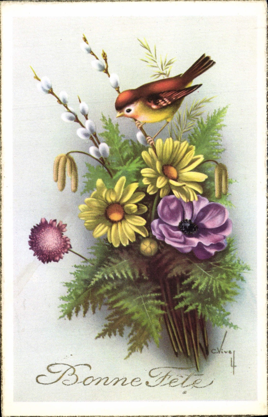 CPA Fantaisie Fleurs Oiseau