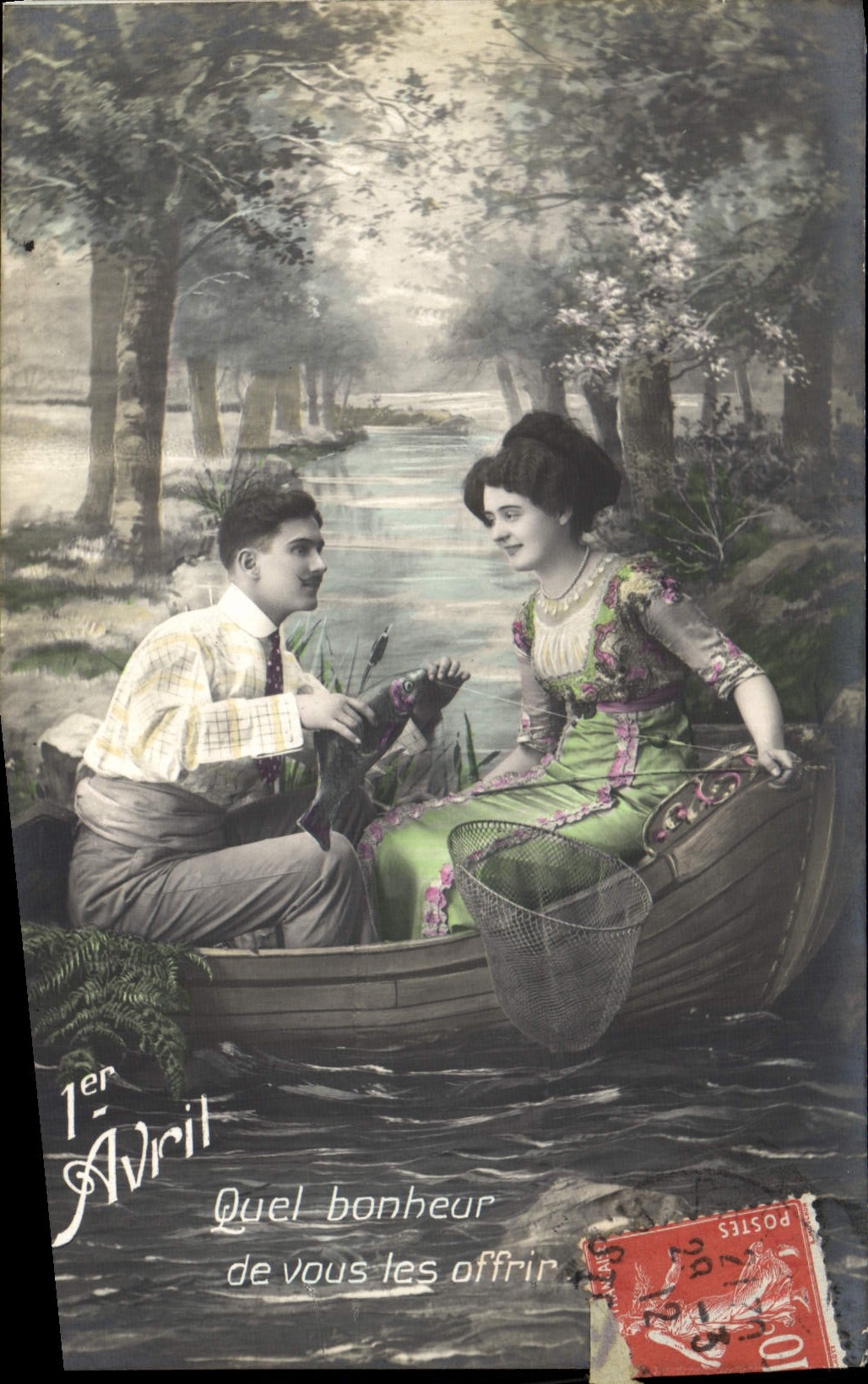 VINTAGE POSTCARD Fantaisie Woman Boat Fishes Poisson