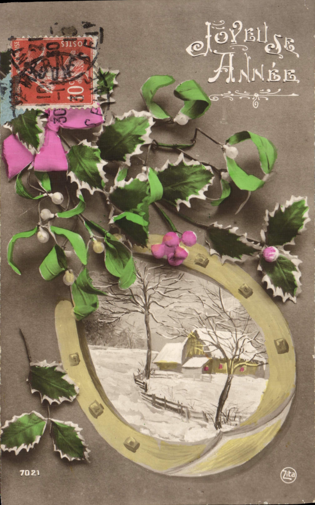 CPA Fantaisie Fleurs Bonne annee Fer a cheval