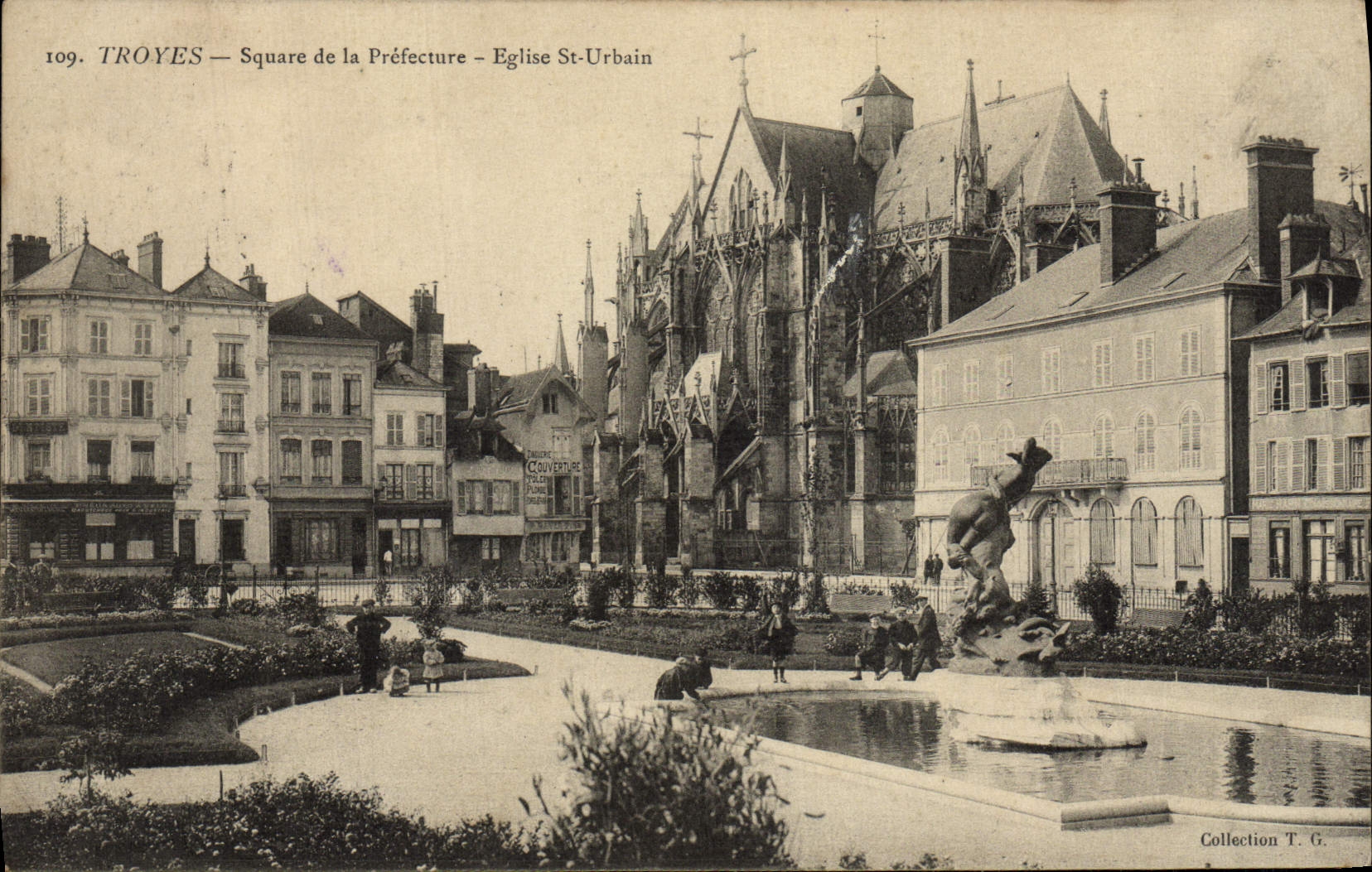 VINTAGE POSTCARD Troyes Public garden Of the Prefecture Church St Urbain