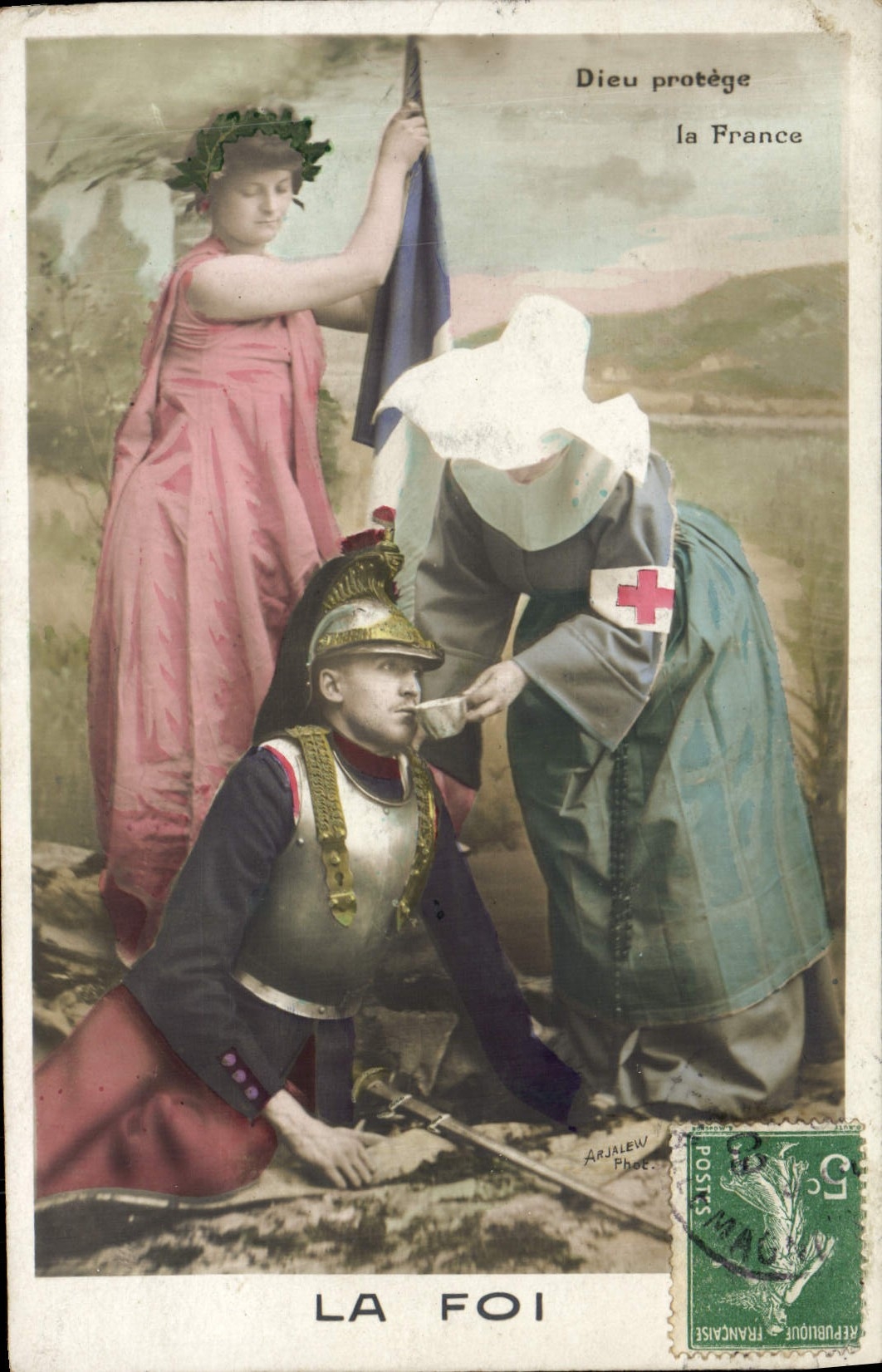 VINTAGE POSTCARD Fantaisie Woman God Protects France Nurse Soldier Militaria Red Cross