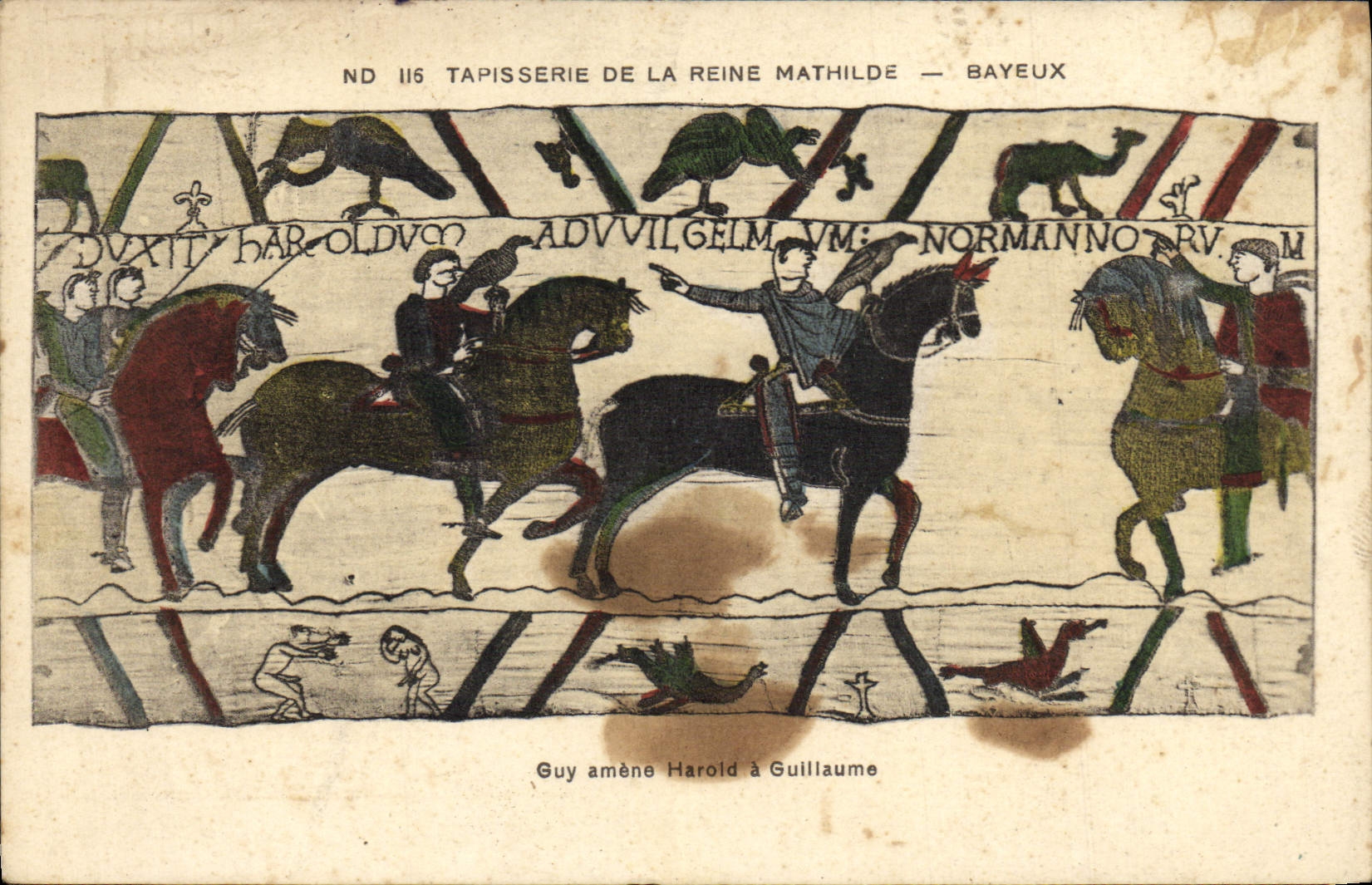 La POSTAL Tapisserie de la VENDIMIA de la reina Matilde que el individuo de Bayeux trae a Harold tiene Guillermo