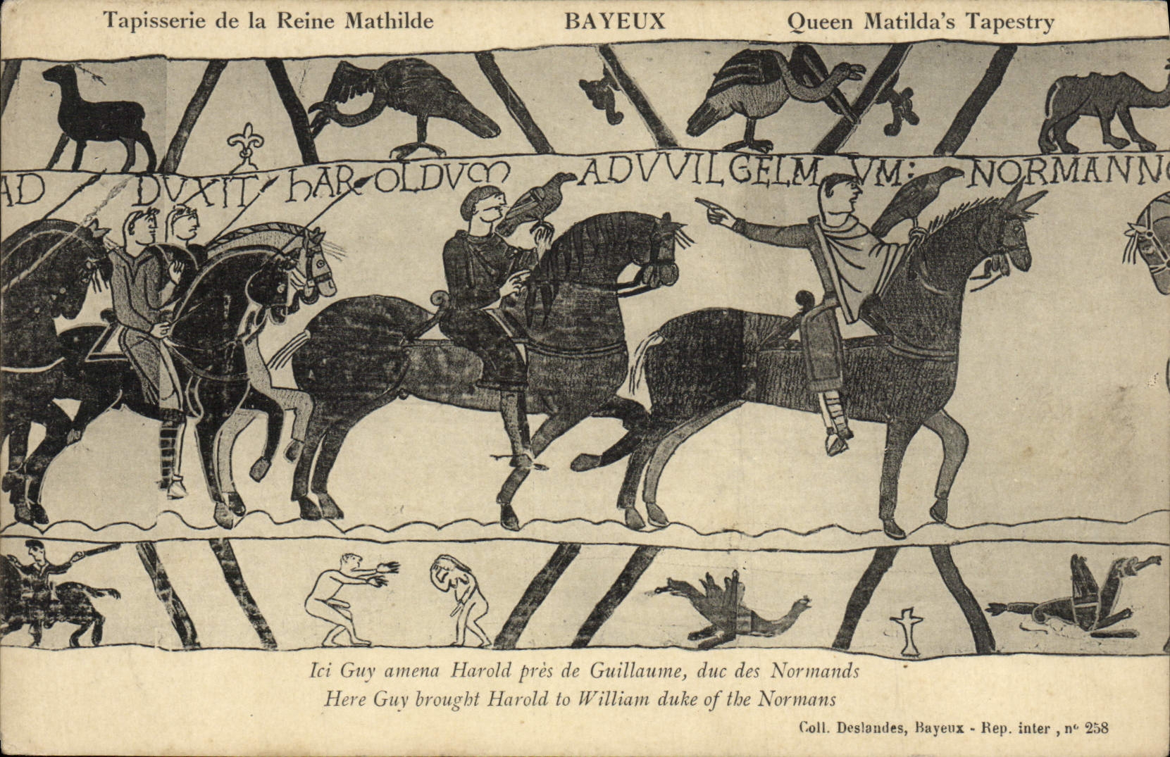 CPA Bayeux Tapisserie de la reine Mathilde Ici Guy amena Harold pres de Guillaume 