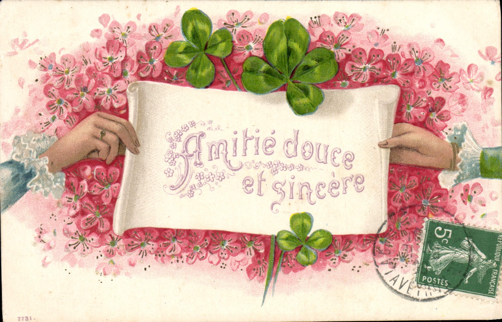 VINTAGE POSTCARD Fantasy Flowers Clover Soft Friendship