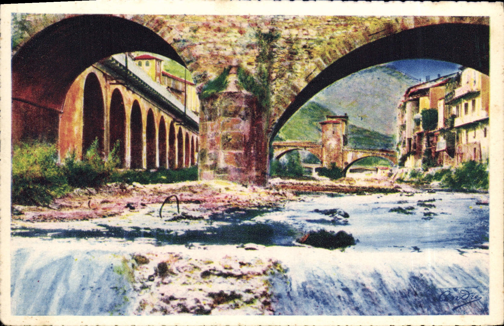 POSTAL Sospel Bevera de la VENDIMIA y el puente viejo