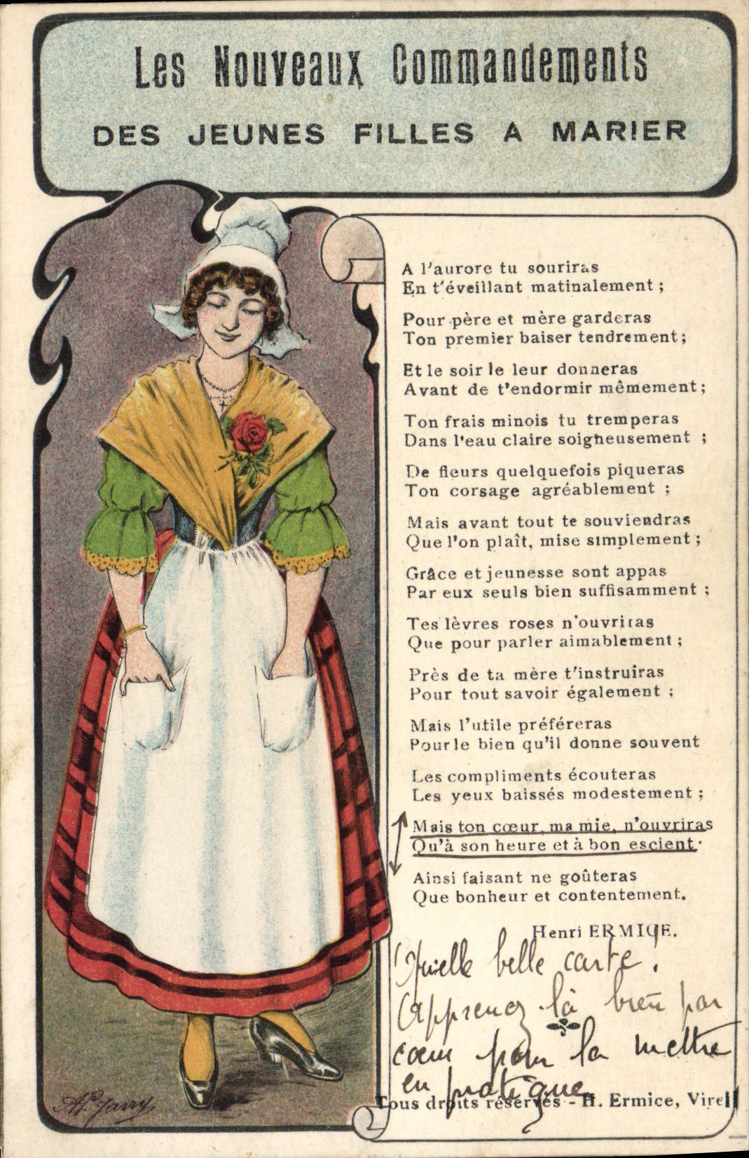 VINTAGE POSTCARD the New Commands Of the Young girls has Marier Folklore