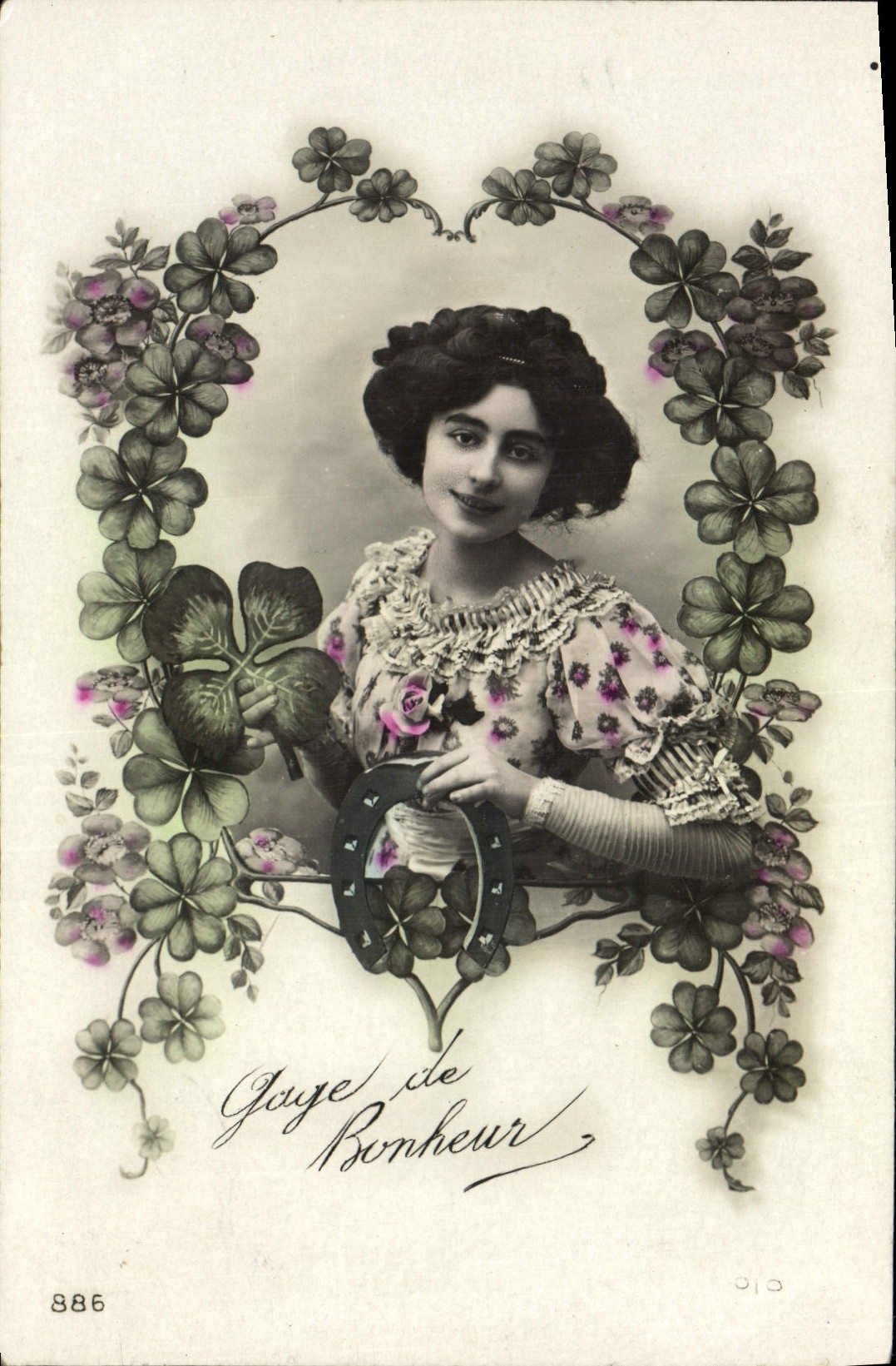 VINTAGE POSTCARD Fantaisie Woman Guarantees Happiness Clover