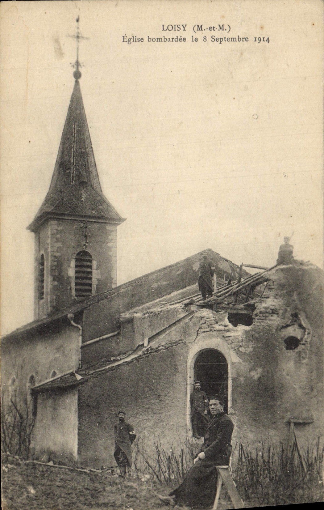 VINTAGE POSTCARD Loisy Bombardee Church on September 8th, 1914 Militaria Priest Soldiers