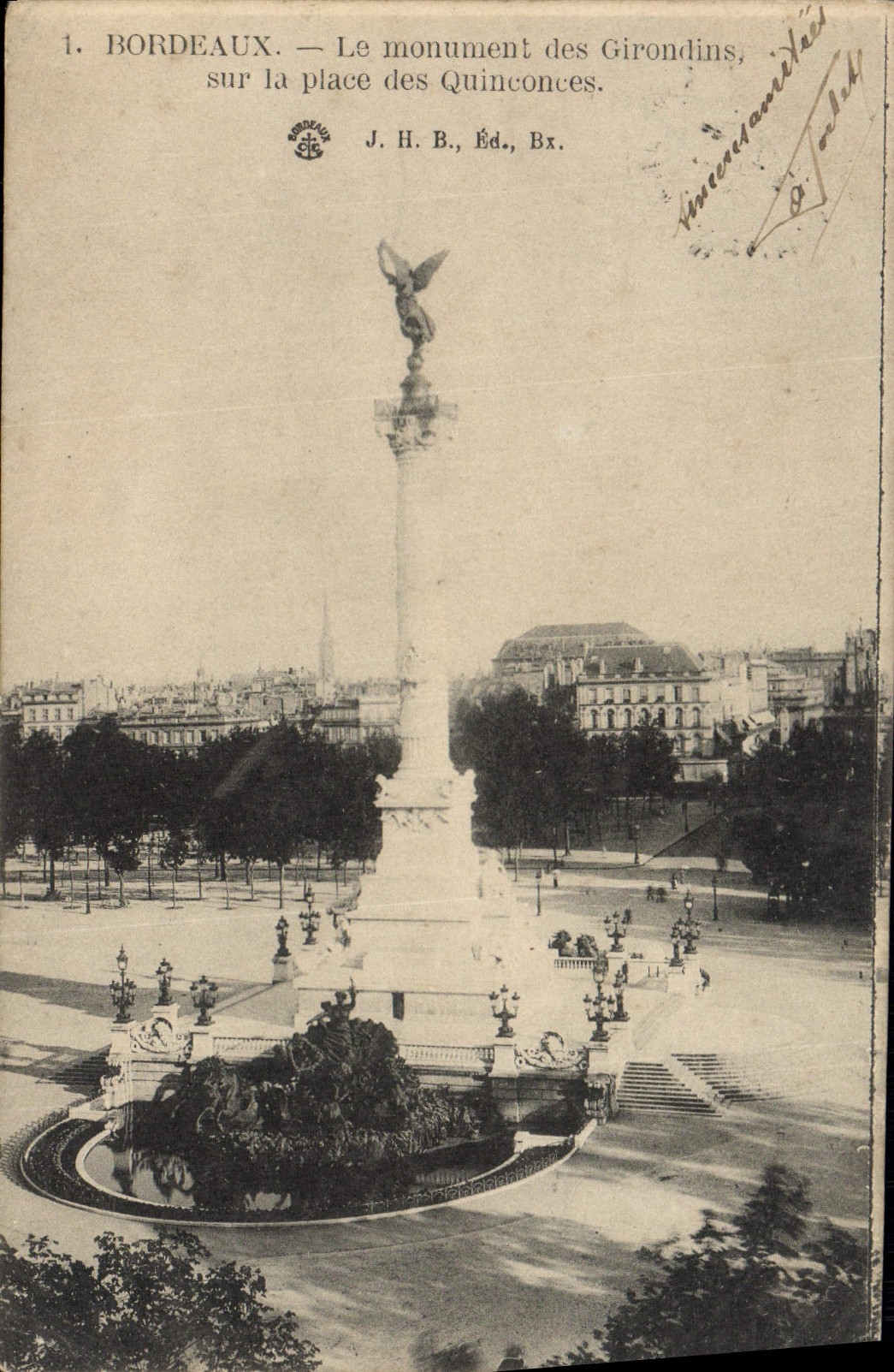 VINTAGE POSTCARD Bordeaux the Monument of Of Gironde on the place of the Quincunxes