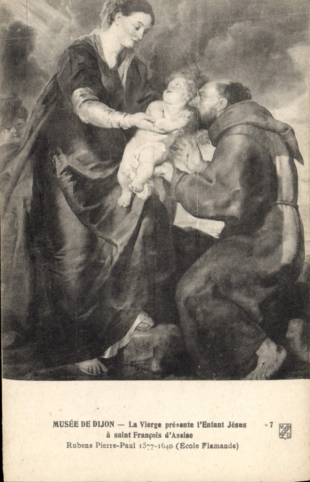 VINTAGE POSTCARD Musee of Dijon the Virgin presents the Jesus child has Saint François d' Assise Rubens