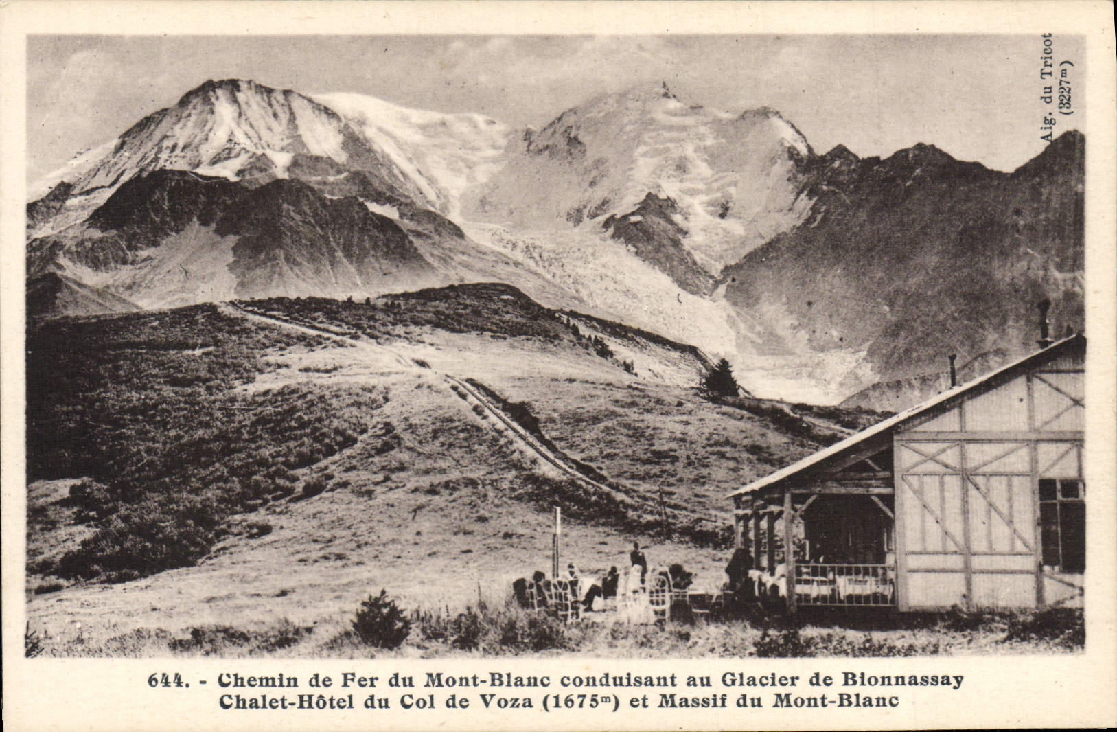 Ferrocarril de la POSTAL de la VENDIMIA de Mont Blanc al glaciar del hotel de la cabaña del país de Bionnassay del collar de Voza y de la masa sólida de Mont Blanc