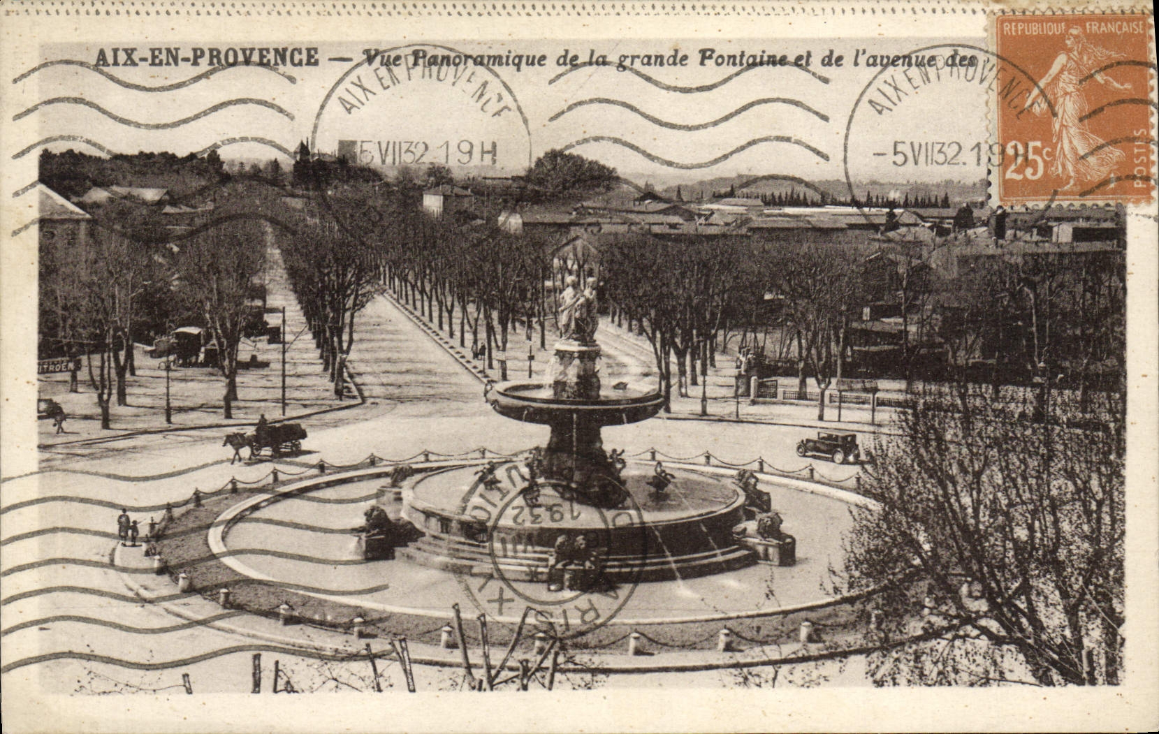 VINTAGE POSTCARD Aix In Provence Panoramic View of the Large Fountain and the avenue
