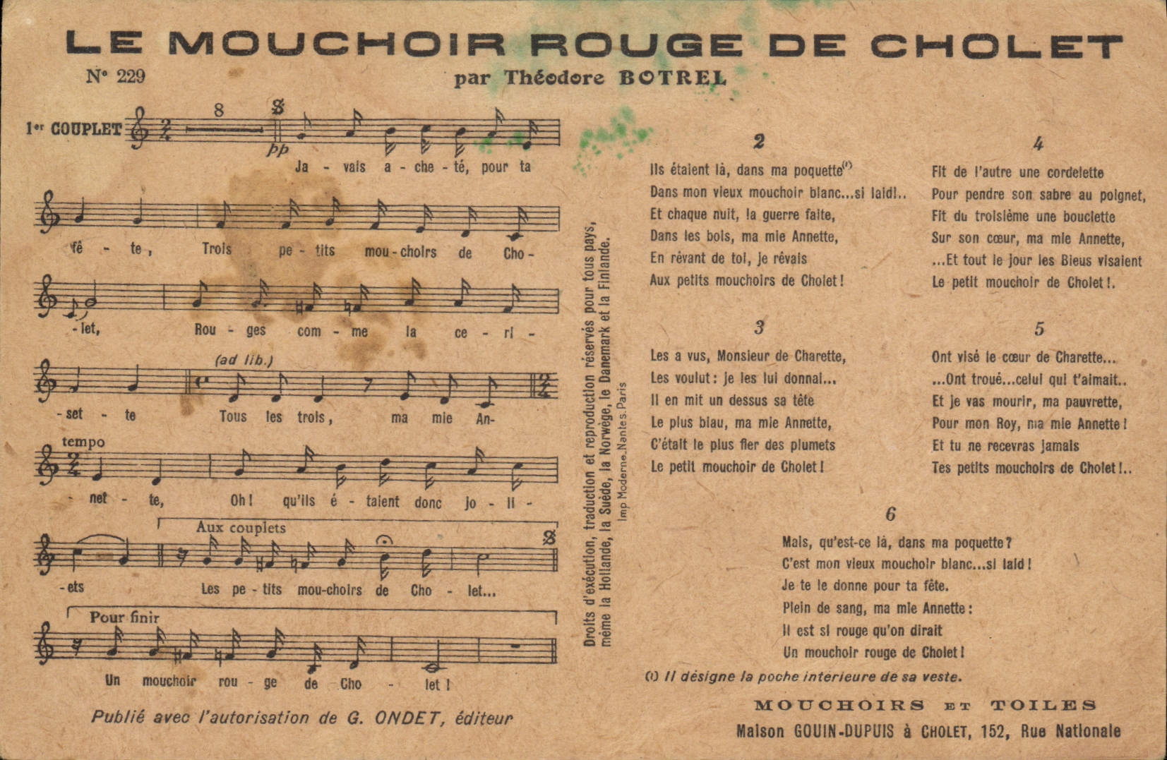 VINTAGE POSTCARD the Red Handkerchief of Cholet Theodore Botrel